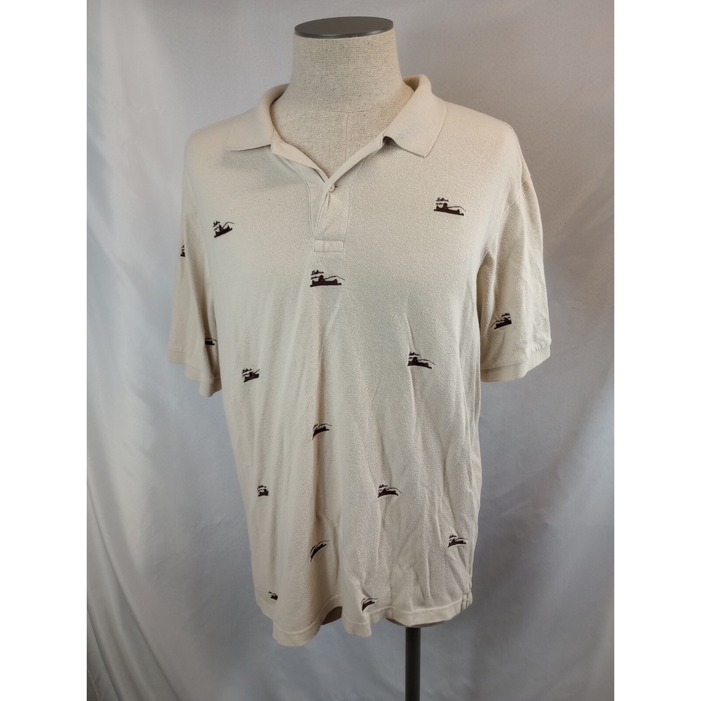 Cremieux Collection Mens Polo Shirt Size XL Golf Shirt Fishing in Canoe Ivory